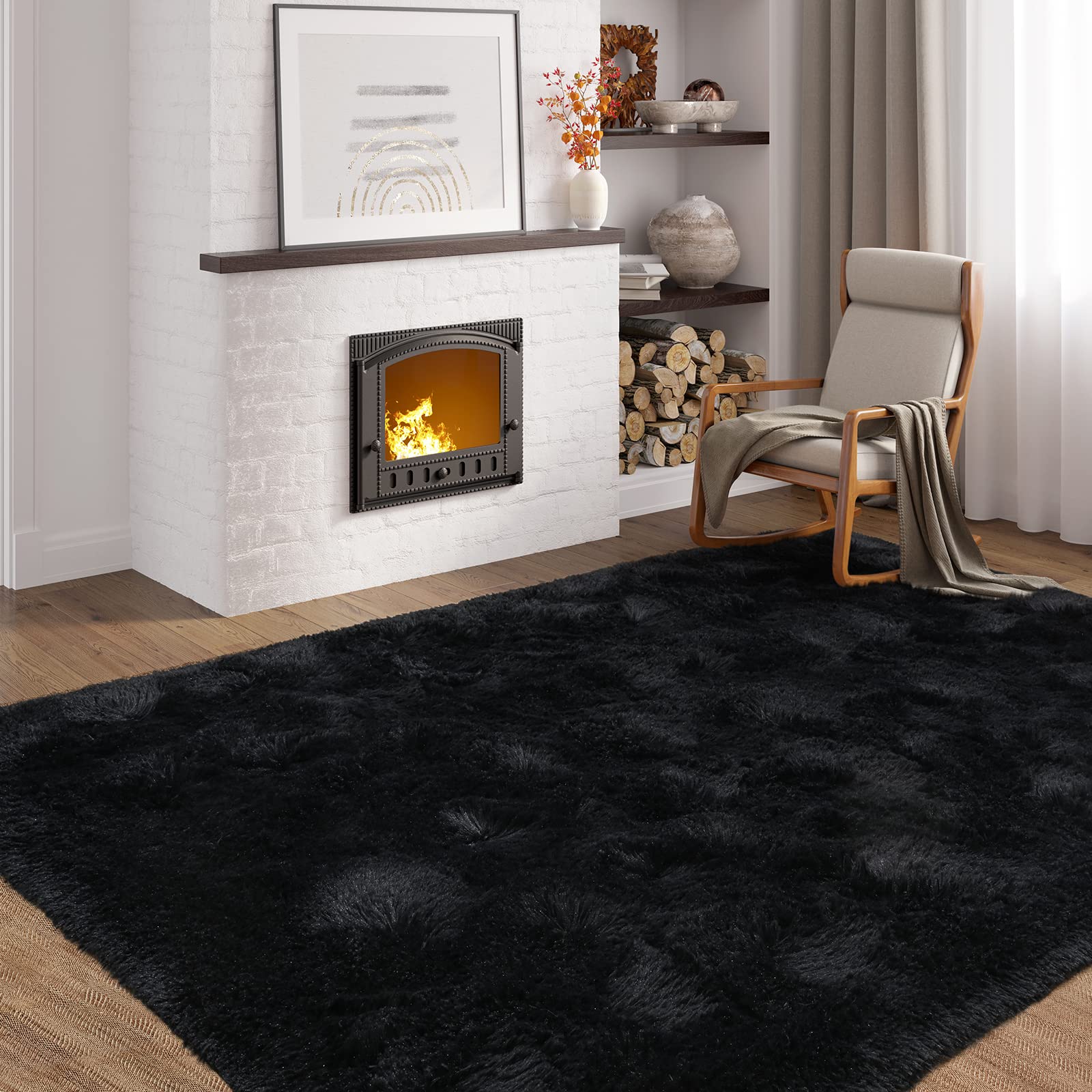 Softlife Area Rug for Living Room, Fluffy Shag Plush 5.3x7.6 Black Rugs for Bedroom Girls, Shaggy Soft Fuzzy Kids Large Carpet for Dorm Bedside Ultra Cozy Non-Slip Indoor Decor