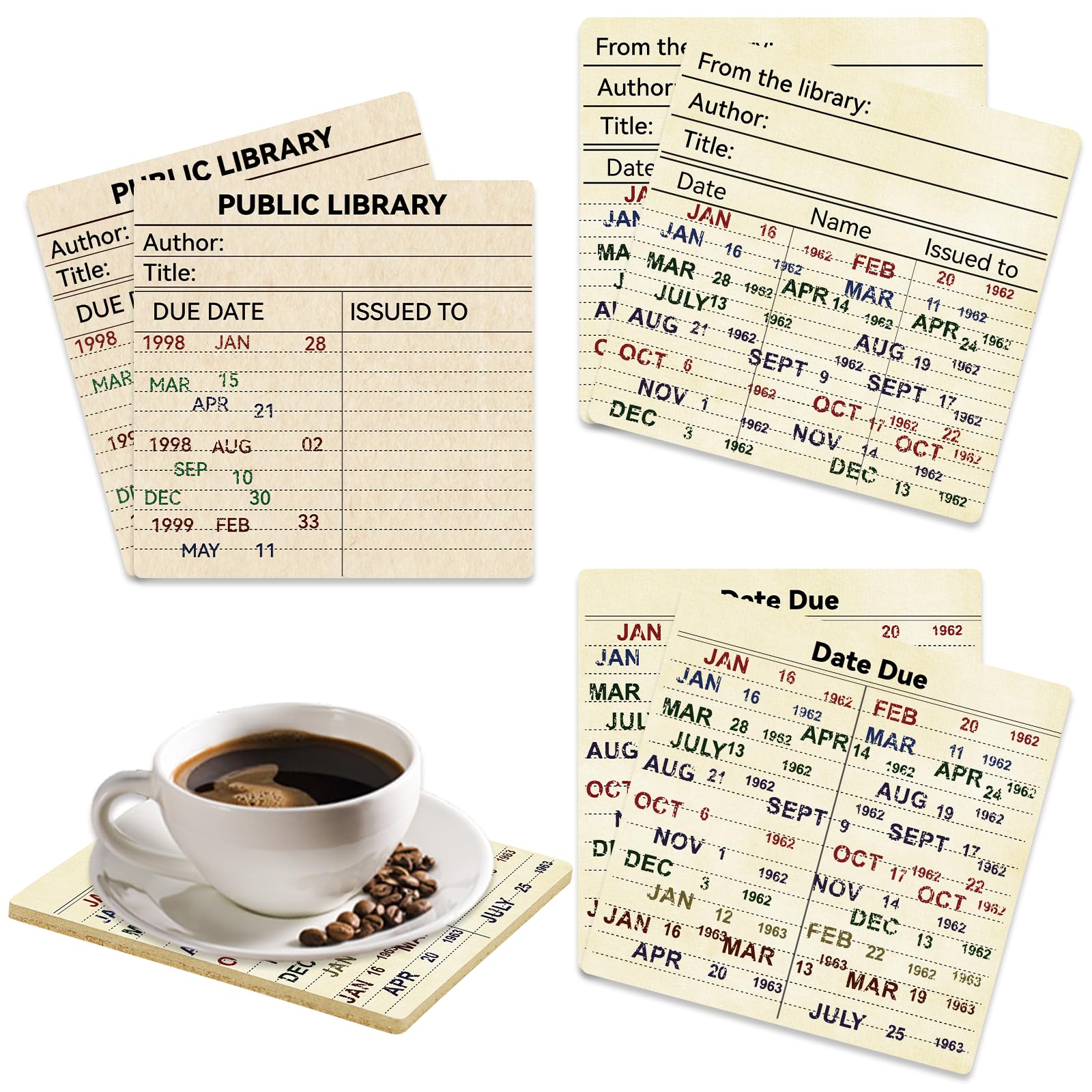 24 Pcs Library Due Date Card Book Coasters, Book Themed Party Favors Book Club Gifts for Book Club Decorations Library Decor Bookish Gifts Librarian Giftss