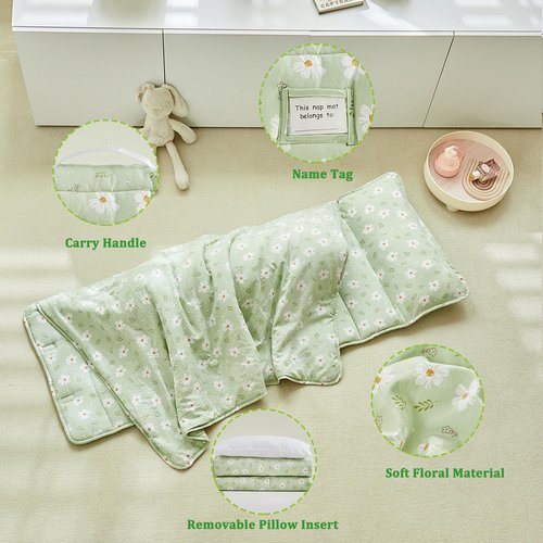 Toddler Nap Mat with Pillow and Blanket,Soft Slumber Bags for Girls,Kids Sleeping Bags with Roll Up Design,Green Floral Nap Mats for Preschool,Daycare,Kindergarten,Fits Ages 3-6 Years Old-Green