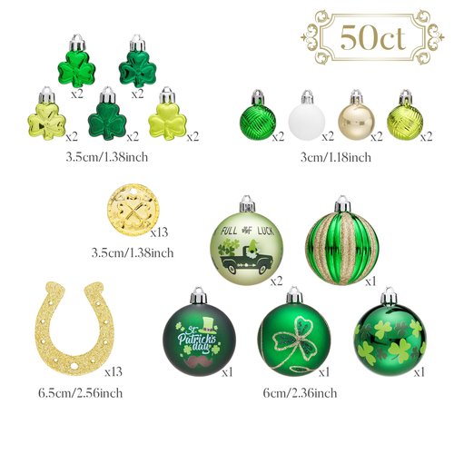 Valery Madelyn 50ct St Patricks Day Tree Decorations Shamrock Ornament Set, Irish Hanging Ball Ornament for Small Tree, Good Luck Clover Green Ornaments for St Patty's Day