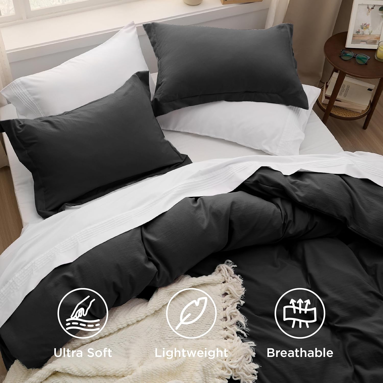 Bedsure Black Duvet Cover Set - Extra Soft Cotton-Like Polyester | Full Size 3-Piece Bedding Set (80x90")
