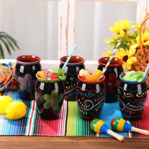 Gejoy 12 Pack 12oz Cantaritos de Barro Mexicanos Mexican Clay Cup Pottery Fiesta De Barro Mexicanos Cocktail Cups Coffee Mugs Cocktail Tea Glasses for Margaritas Mojitos (Dark,Black)