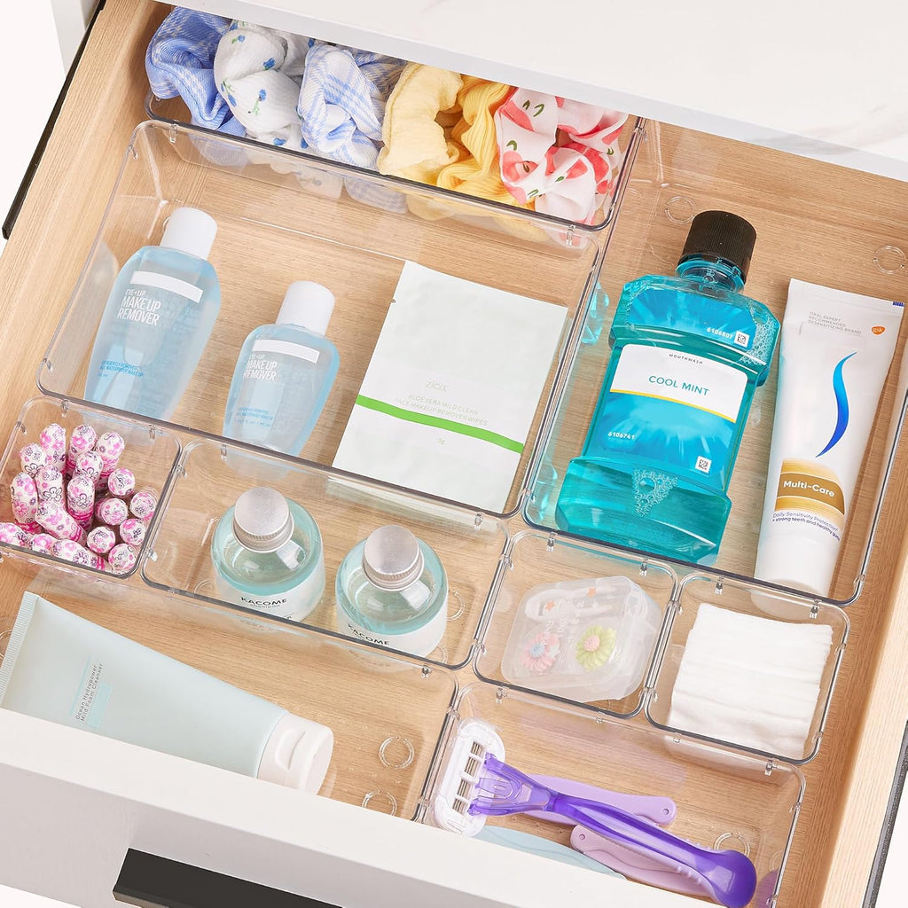 Vtopmart Clear Plastic Drawer Organizers Set - 25 PCS Versatile Storage Trays for Makeup, Kitchen & Office