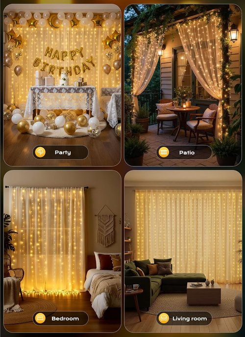Brightown 300 LED Curtain Lights - 9.8 FT Fairy Lights with 8 Modes | Warm White for Bedroom & Party Decor