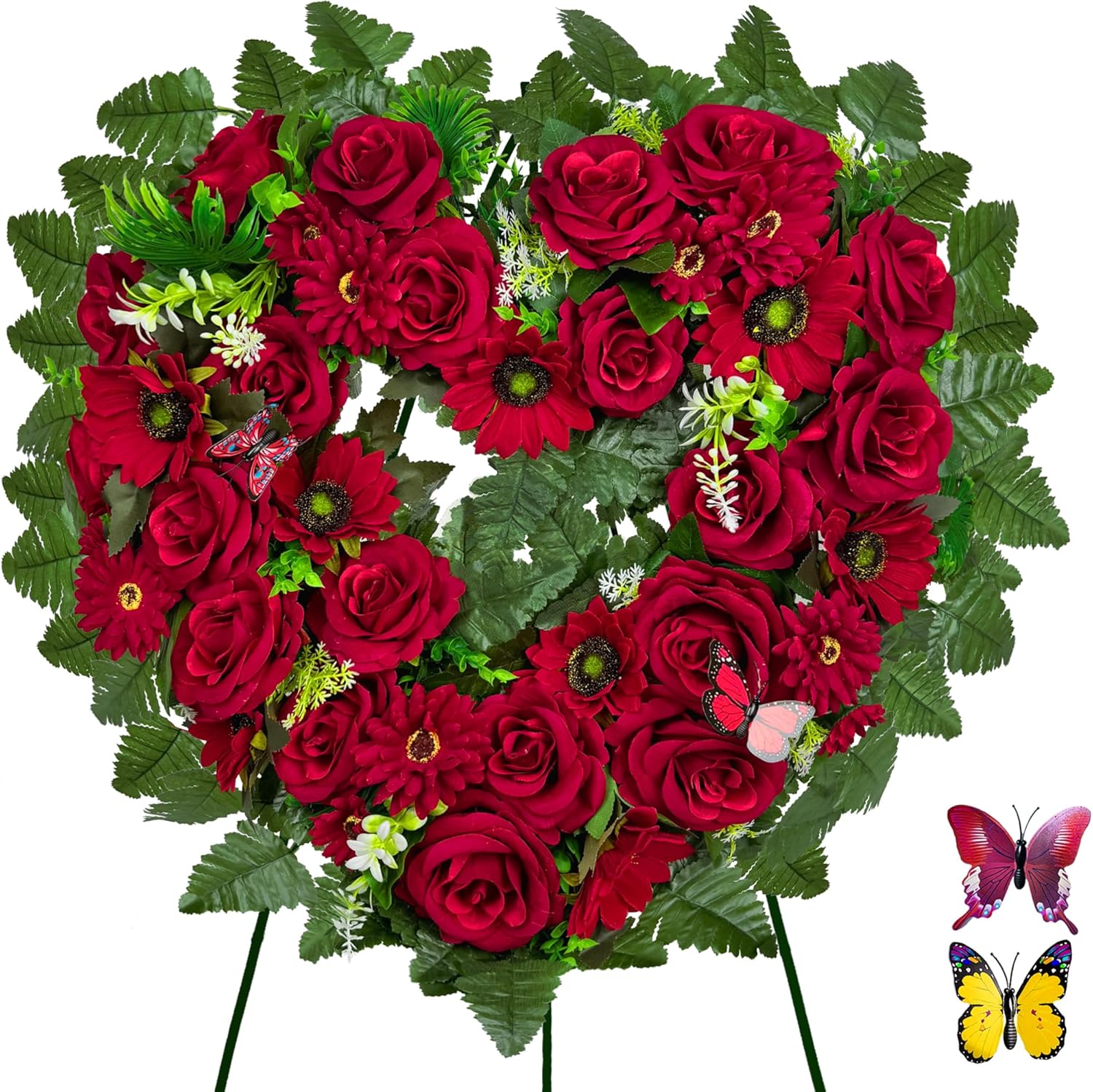 Regine Switzerland Cemetery Wreath - Heart-Shaped Remembrance Floral with 30-Inch Easel Stand | Red Rose
