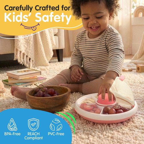 TRENDO Snack Spinner for Toddlers – Pink Rotating Snack Container, BPA & PVC-Free Baby Snack Box, Spill-Proof Toddler Snack Container with Hand Strap, 5 Compartments Travel Snack Box for Kids