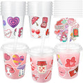 Funnymoom 12 Sets 34 oz Valentine's Day Plastic Drink Buckets with Lid and Straws with Valentines Day Stickers Clear Drink Cup Disposable Cocktail Rum Buckets Reusable for Party Favors Prize