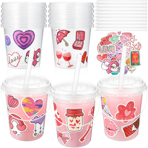 Funnymoom 12 Sets 34 oz Valentine's Day Plastic Drink Buckets with Lid and Straws with Valentines Day Stickers Clear Drink Cup Disposable Cocktail Rum Buckets Reusable for Party Favors Prize
