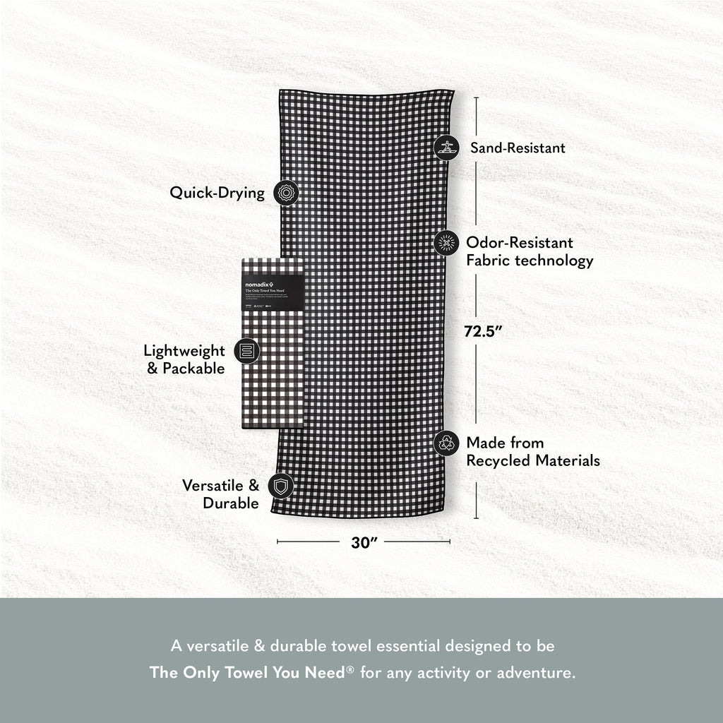 Nomadix Original Towel - Perfect for Beach, Pool, Travel, Camping, Yoga - Made with Recycled Materials - Super Absorbent - Sand Resistant - Gingham Black - 72.5x30