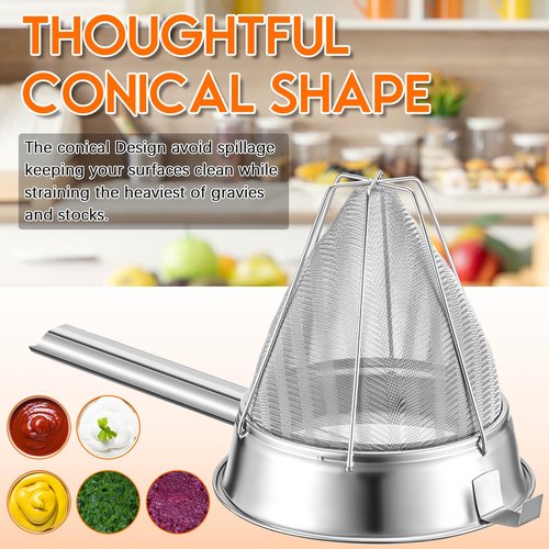 SiliFine Stainless Steel Reinforced Bouillon Sieve Strainer Cone Fine Mesh Strainer with Handle and Rubber Pestle for Kitchen Food Cooking(8 Inch)