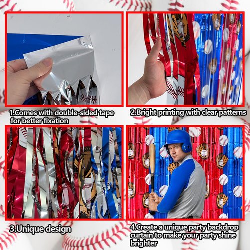FESTFINDS 2 Pack Baseball Tinsel Foil Fringe Curtains Backdrop Party Decorations, Blue and White Red Door Streamers Banner Sports Themed Birthday Party Decor Supplies for Boys Favor