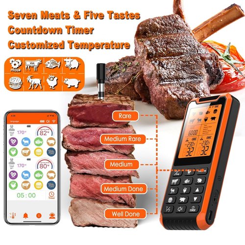 PRAVETTE Smart Bluetooth Meat Thermometer - Long Range Wireless Food Thermometer, Digital Meat Thermometer with Dual Probes for BBQ Grill, Oven, Smoker, Air Fryer