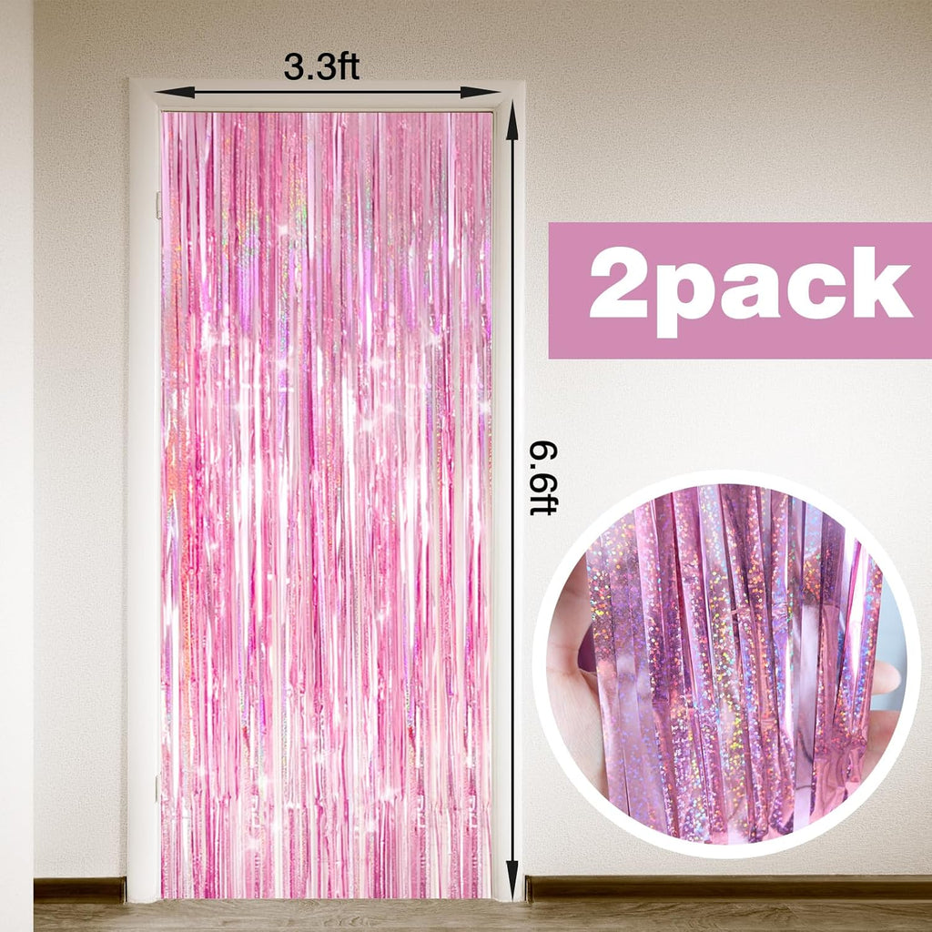 Skiennix Shiny Pink Tinsel Foil Fringe Curtains - 2 Pack Party Backdrop for Birthday & Baby Showers