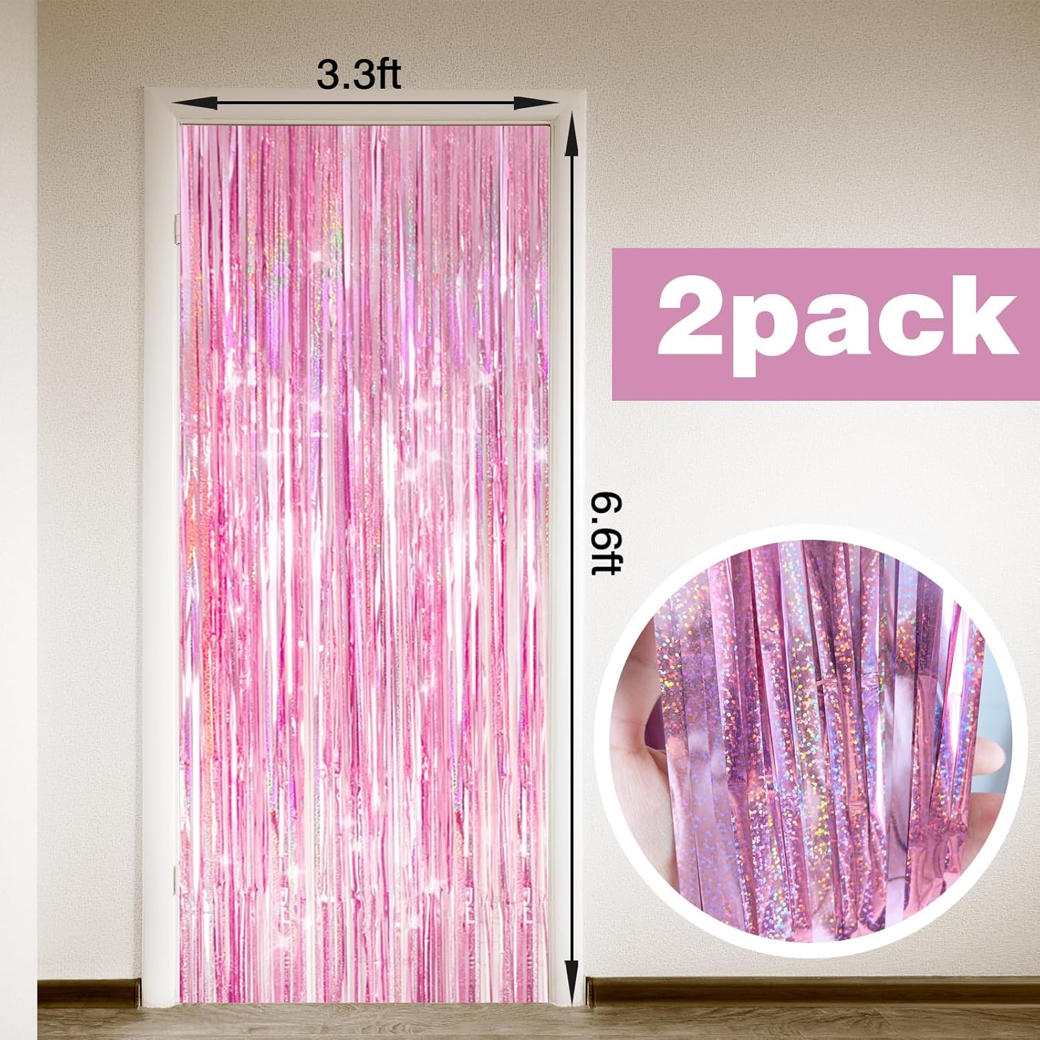 Skiennix Shiny Pink Tinsel Foil Fringe Curtains - 2 Pack Party Backdrop for Birthday & Baby Showers