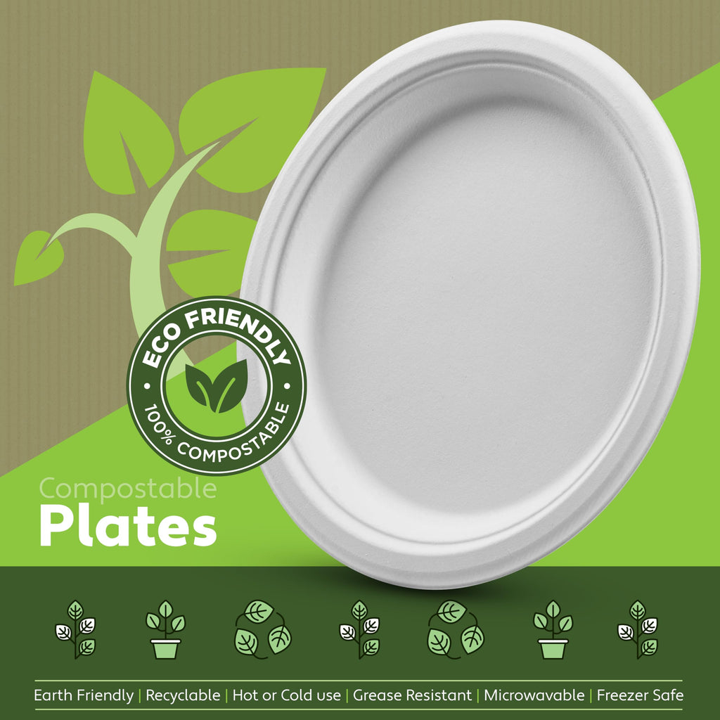 Munfix 100% Compostable Paper Plates 150 Pack, 10 Inch Heavy Duty Biodegradable Microwavable Disposable White Dinner Plates, Made of Eco-Friendly, Natural Sugarcane Bagasse