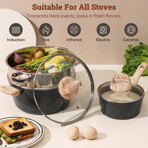 SODAY 17 Pcs Pots and Pans Set Non Stick Kitchen Cookware Sets Nonstick Induction Cookware Non-toxic Black Granite Cooking Tools with Stay-Cool Handles, Pot Protectors (PFOS/PFOA Free)
