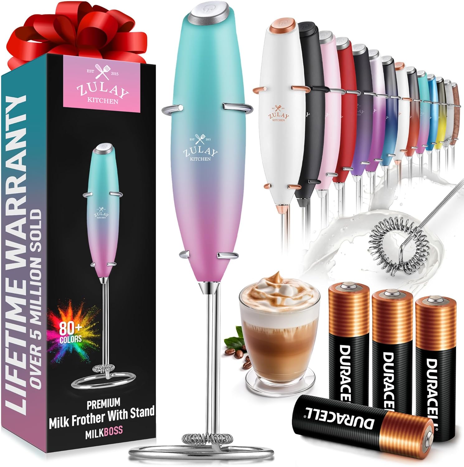 Zulay Kitchen Milk Frother Wand - Ultra-Fast Handheld Mixer for Coffee & Lattes - Pink Spritz