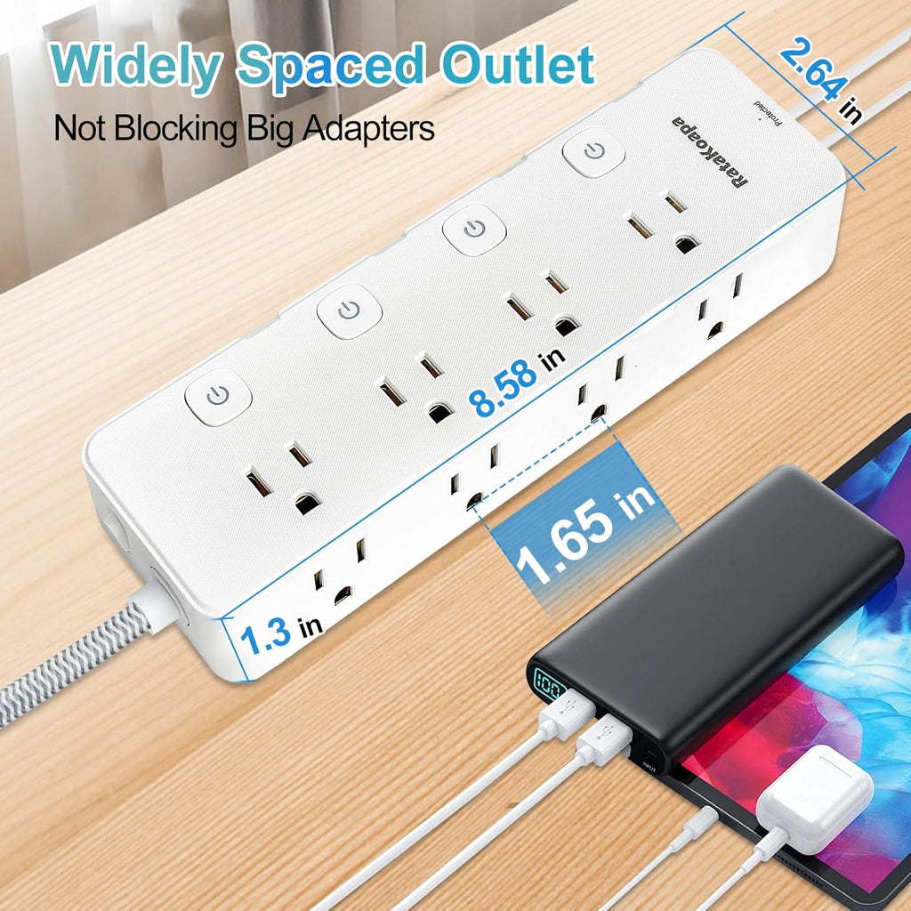 Skiennix 10 Ft Surge Protector Power Strip - 8 AC Outlets & 4 USB Ports with Individual Switches | Flat Plug Extension Cord for Home & Office