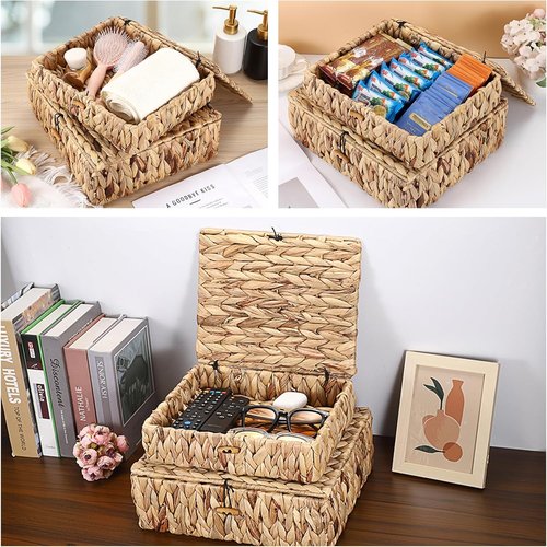 Natural Water Hyacinth Basket Set by [Brand Name] - Handwoven Rectangular Bins with Lids for Stylish Home Organization