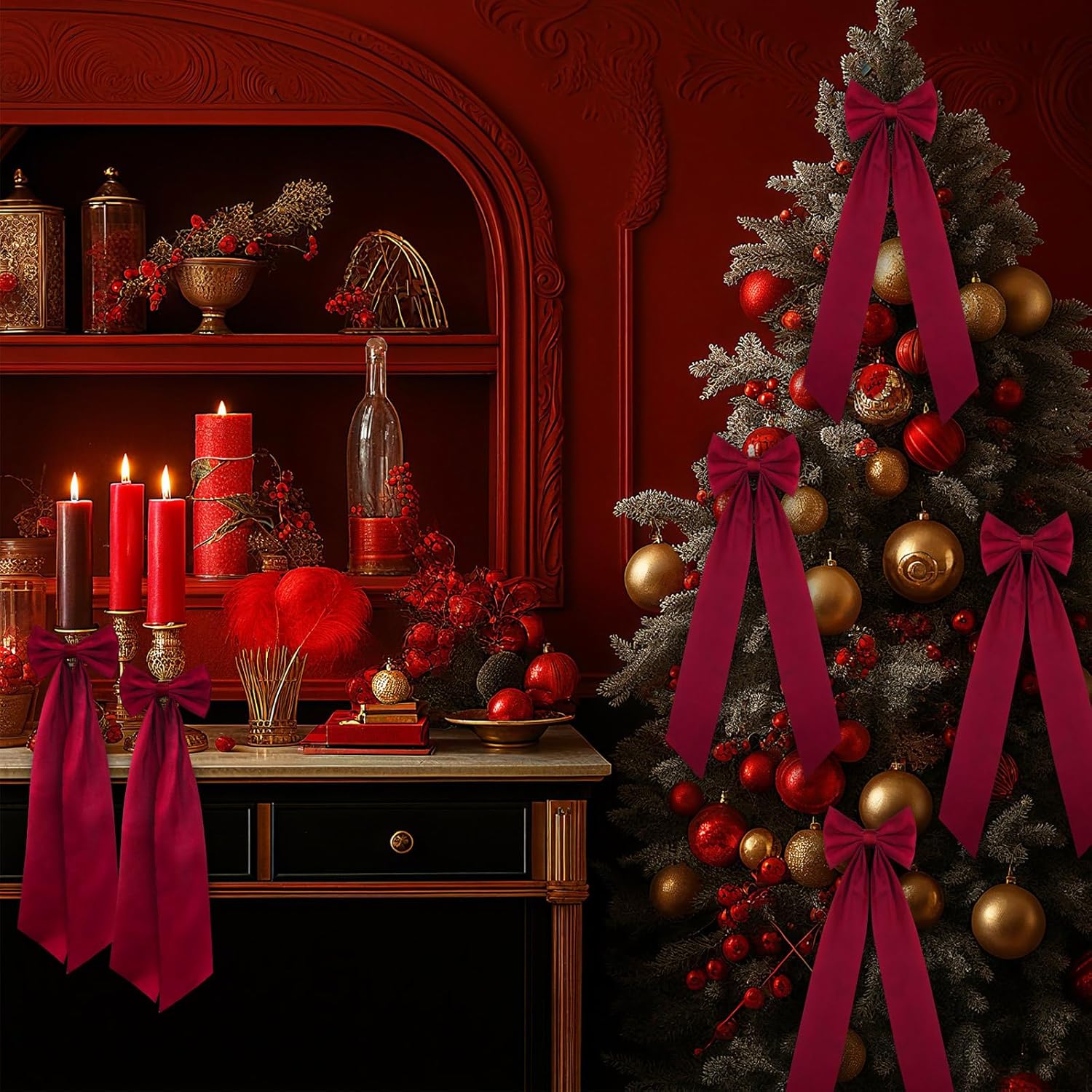 Teenyyou 12 Pcs Red Valentine's Candlestick Bows - 13 Inch Large Self-Adhesive Table Decor for Weddings & Parties