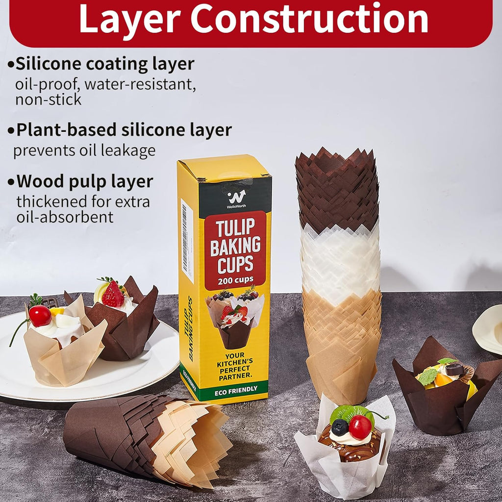 Skiennix Tulip Cupcake Liners - 200PCS Unbleached Food Grade Greaseproof Muffin Wrappers for Baking & Parties