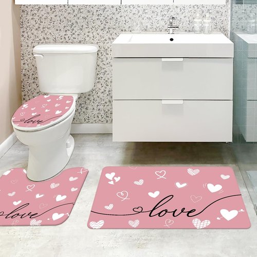 MEHOFOND 4pcs Valentines Shower Curtain Set Pink Love White Heart Shower Curtain Sets for Valentine's Day Bathroom Decor Sweetheart Bathroom Curtains with Non-Slip Rugs Toilet Lid Cover and Bath Mat