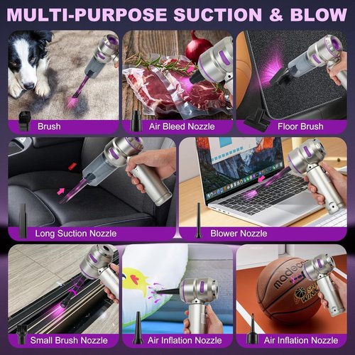 Handheld Car Vacuum - 18000PA High Power Cordless Mini Vacuum with 4-in-1 Functionality | Silver Grey & Purple