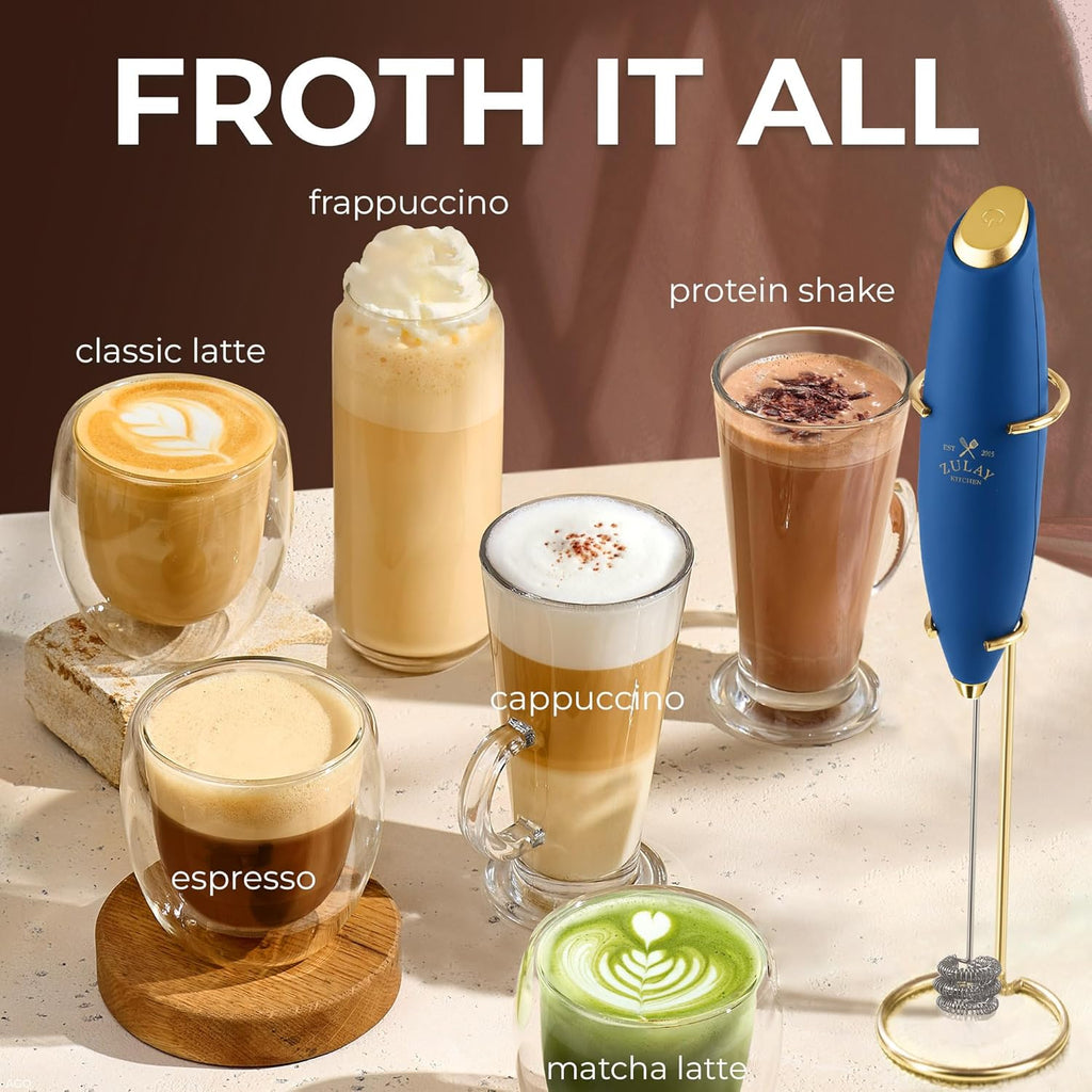 Zulay Kitchen Tornado Triple Whisk Milk Frother - Handheld Foam Maker for Coffee & Lattes - Navy Blue & Gold