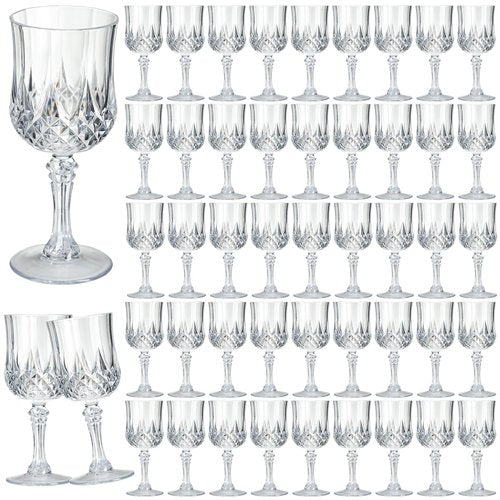 7OZ Plastic Wine Glasses, 48Pcs Clear Reusable Drinking Cups Vintage Champagne Flutes, Plastic Crystal Water Goblets for Parties Stemmed Shatterproof Drinking Glasses for Wedding, Toasting Party
