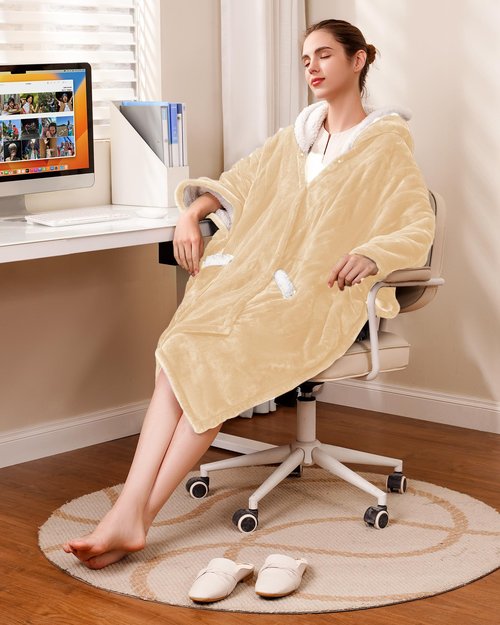 Yokimisu Wearable Heated Blanket - Cozy Gift for Women, Mom, Men| Reversible Flannel & Sherpa Electric Wrap with Pockets & Hood, 6 Heat Levels, 1-4H Timer, ETL Safe, Machine Wash, 50"x70" Beige