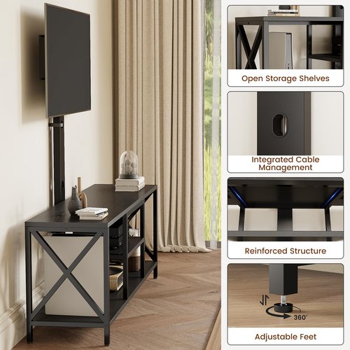 Flycity TV Stand with Mount and LED Lights, Universal TV Stand Mount for 32-75 inch TV, Entertainment Center with Storage, Metal TV Console Table Height Adjustable TV Stands for Living Room, Black
