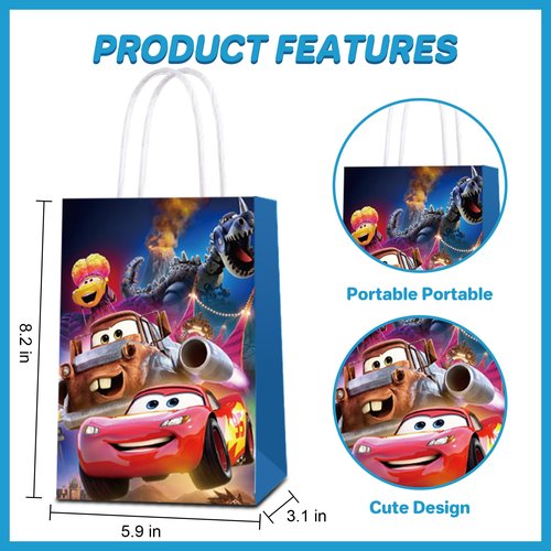 24 Pack Car Party Favor Gift Bags - 12 Pattern Paper Candy Bags with Handles, Reusable Kraft Tote Bags for Kids Birthday, Baby Shower, Wedding, Graduation, Party Supplies Decorations