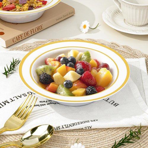 BESTVIP 200 Pack Plastic Bowls with Gold Rim, 12 Oz Disposable Bowls Disposable Bowls for Parties, Wedding, Christmas, Soak Proof Bowls for Breakfast, Lunch, and Dinner Meals