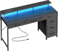 Huuger Gaming Desk - 47 Inch Computer Desk with LED Lights & Power Outlets | Black with 6 Drawers