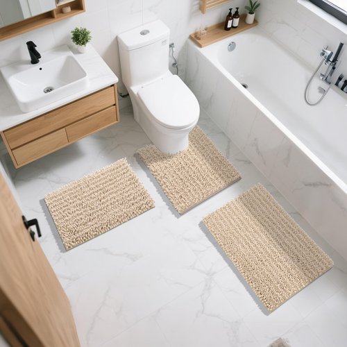 Yimobra Bathroom Rug Set 3 Piece - Super Absorbent Quick Dry Chenille Bath Mats & Toilet Rug, Non Slip Machine Washable, Extra Thick Shaggy Floor Mat for Shower Tub Sink, Light Brown