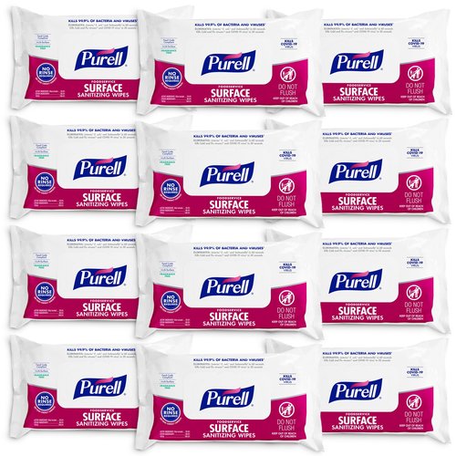 PURELL Foodservice Surface Sanitizing Wipes, 72 Count Flowpack, 7.4" x 9" Wipes (Pack of 12) – 9371-12