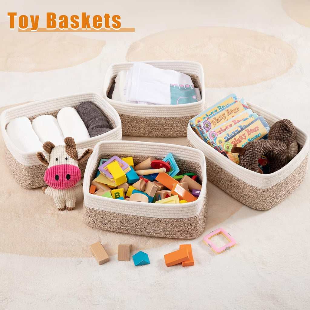 OIAHOMY Storage Baskets - Cute Decorative Organizing Bins for Shelves | 4 Pack, 11.8''L x 7.8''W x 4.7''H, Brown/White