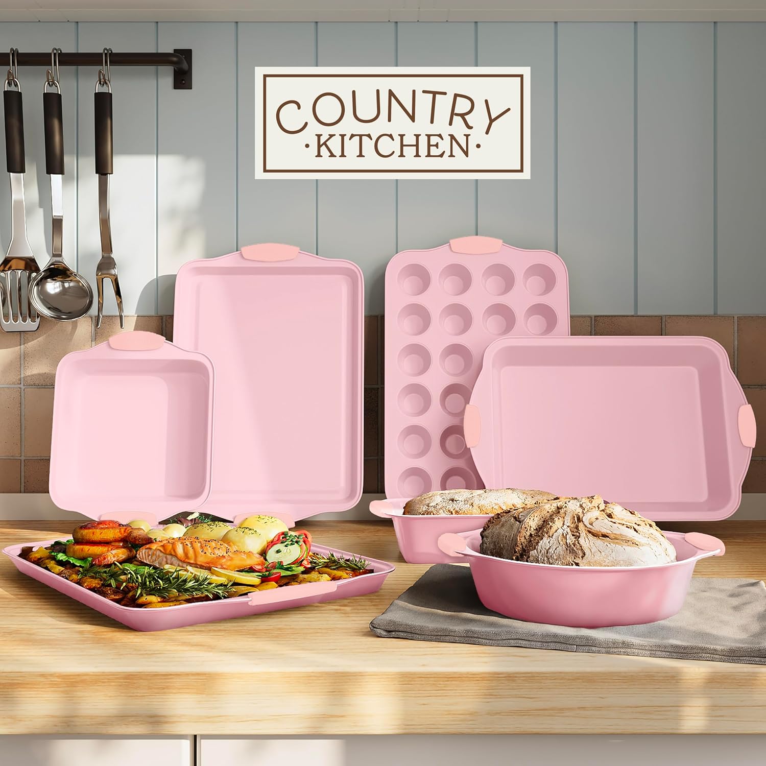 Country Kitchen Nonstick Bakeware Set - Heavy Duty & Easy Release, 10-Piece Pink Collection