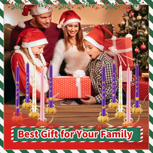 Advent Wreath Candle Holder Set - 5 Gold Taper Candles & Decorative Ring for Christmas Home Decor