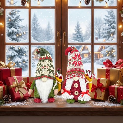 Paersion 2PCS 9.5 Inch Christmas Gnome Plush Decorations, Handmade Scandinavian Tomte Elf Figurines with Gift, Nordic Xmas Gnome Ornaments for Holiday Home Table Office Decor