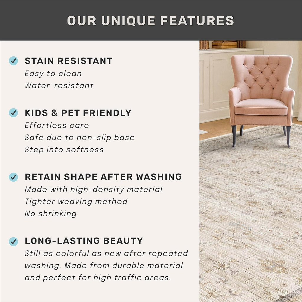 Skiennix Extra Long Runner Rug - Non-Slip, Machine Washable, Soft Low Pile - 2'6"x10', Light Beige Geometric Floral Design