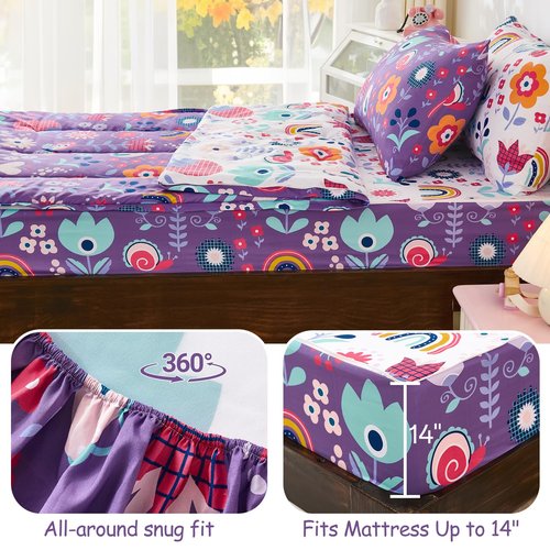 DJY Zipper Bedding Set Twin, Purple Floral Bedding Sets for Girls, Kids Comforter Set with Fitted Sheet Pillowcases, All in One Zipper Bed Set for All Seasons