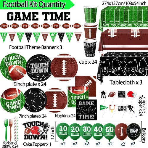 Football Party Decorations Serve 24, 189Pcs Football Party Supplies Includes Plates,Napkins,Cups,Tablecloth,Banner,Balloons,Cupcake Toppers for Game Day Tailgate Football Birthday Party Decorations