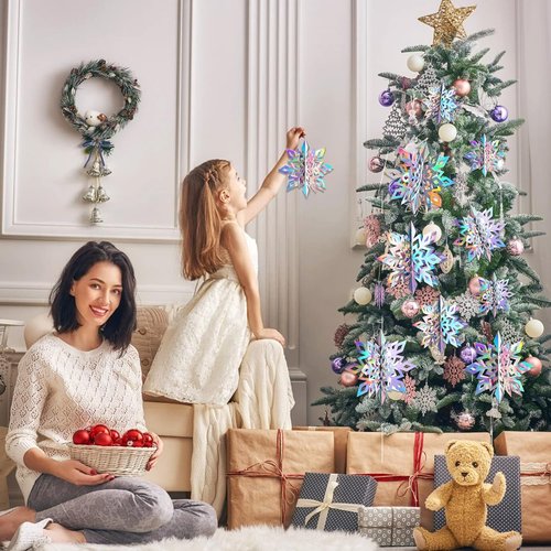JULMELON 15Pcs Holographic Frozen 3D Hanging Snowflakes - Silver Winter Wonderland Decor