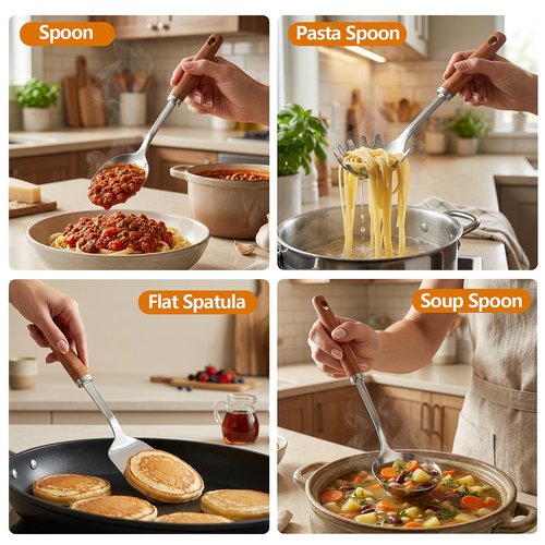 9PCS 18/8 Stainless Steel Kitchen Utensils, Stainless Steel Cooking Utensils with Wooden Handle, Metal Cooking Utensils Set, Spatula, Ladle, Skimmer, Spaghetti Spoon, Potato Masher, Easy To Clean