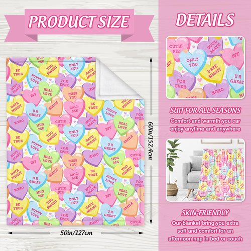 JarThenaAMCS Valentine's Day Fuzzy Blanket Conversation Candy Heart Throw Blanket Colorful Cozy Flannel Blanket for Home Bed Sofa Couch Chair, 50 x 60 Inch