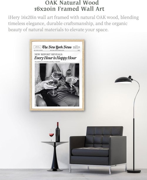 iHery Framed Newspaper Wall Art - Trendy Retro New York Prints | Natural Oak Wood, Large 16x20in for Bedroom & Living Room
