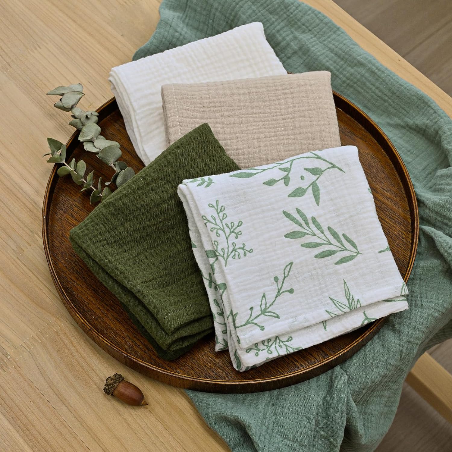 Skiennix Muslin Receiving Blankets - Breathable Neutral Swaddle Wraps for Newborns | 5 Pack Bright Leaves