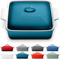 ROSSALLINI Stoneware Casserole Dish - Covered Square Bakeware with Lid | Medium 2 Quart, Ocean Blue