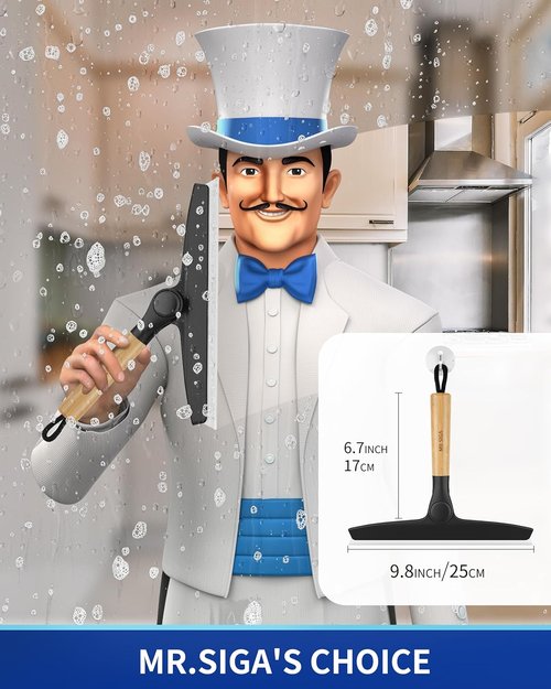 MR.SIGA Silicone Shower Squeegee - Streak-Free Cleaning with Pivoting Bamboo Handle | 10-Inch Wide, Black